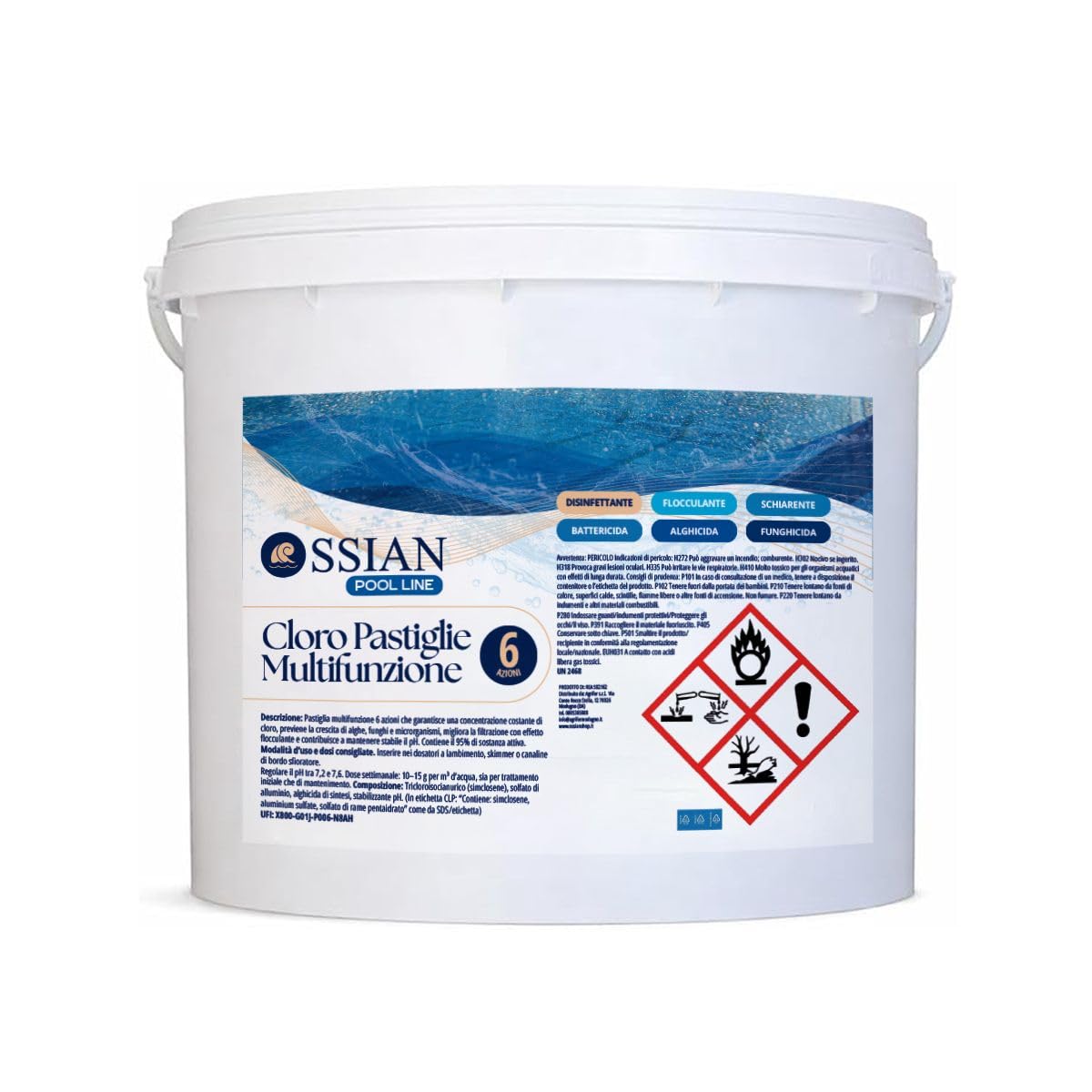 Ossian Pool Cloro Multifunzione 6 Azioni Pastiglie 200 g, Tricloro 90% Antialghe, Flocculante, Stabilizzante pH, Igienizzante, Battericida, Schiarente per Piscina (10 Kg, 10000, grammo, 1)