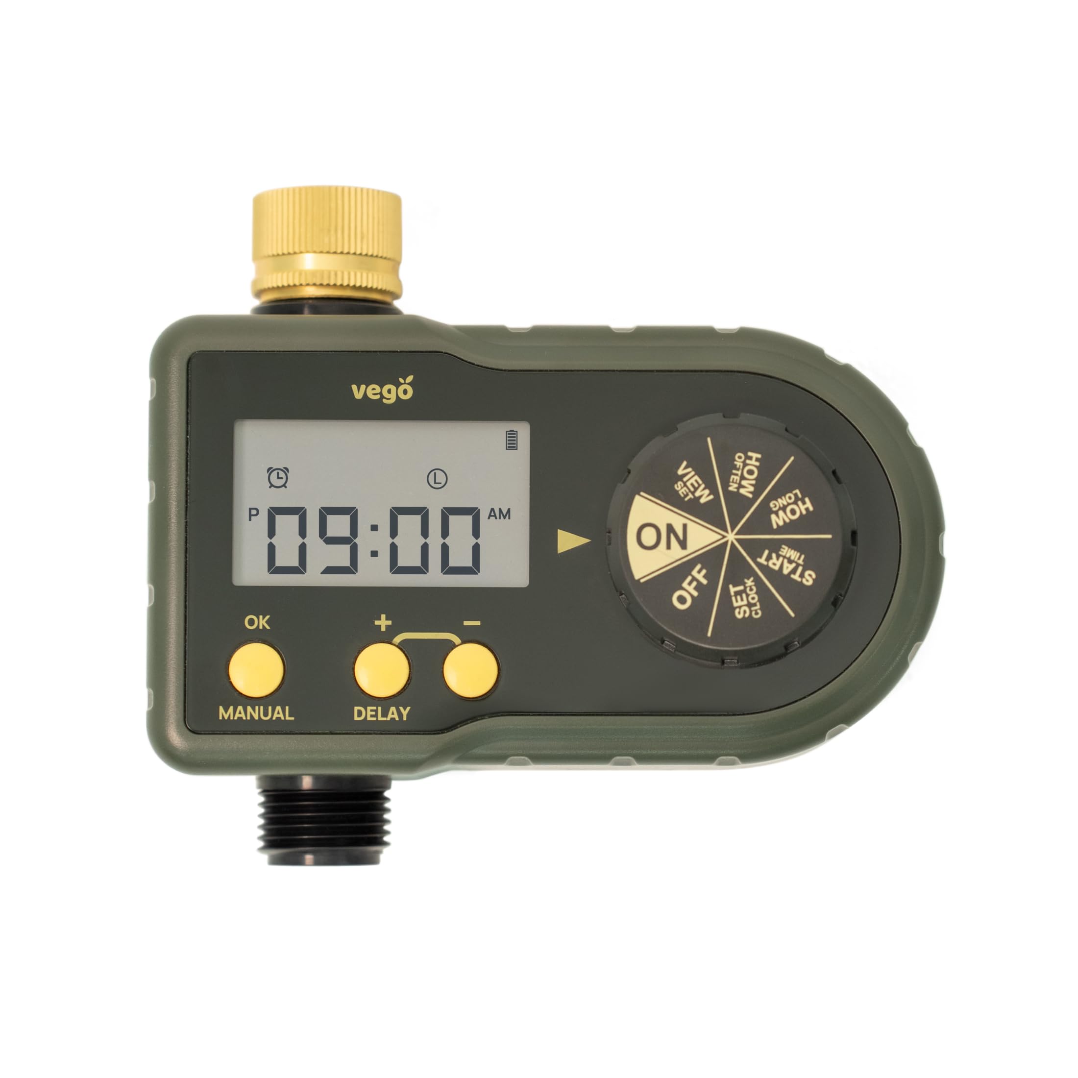 Vego Timer węża zraszacza, 1-strefowy z mosiężnym wlotem i wylotem, wodoodporny automatyczny system nawadniania IP54 z 3 trybami inteligentnymi, wyświetlaczem LCD i opóźnieniem deszczu, programowalny