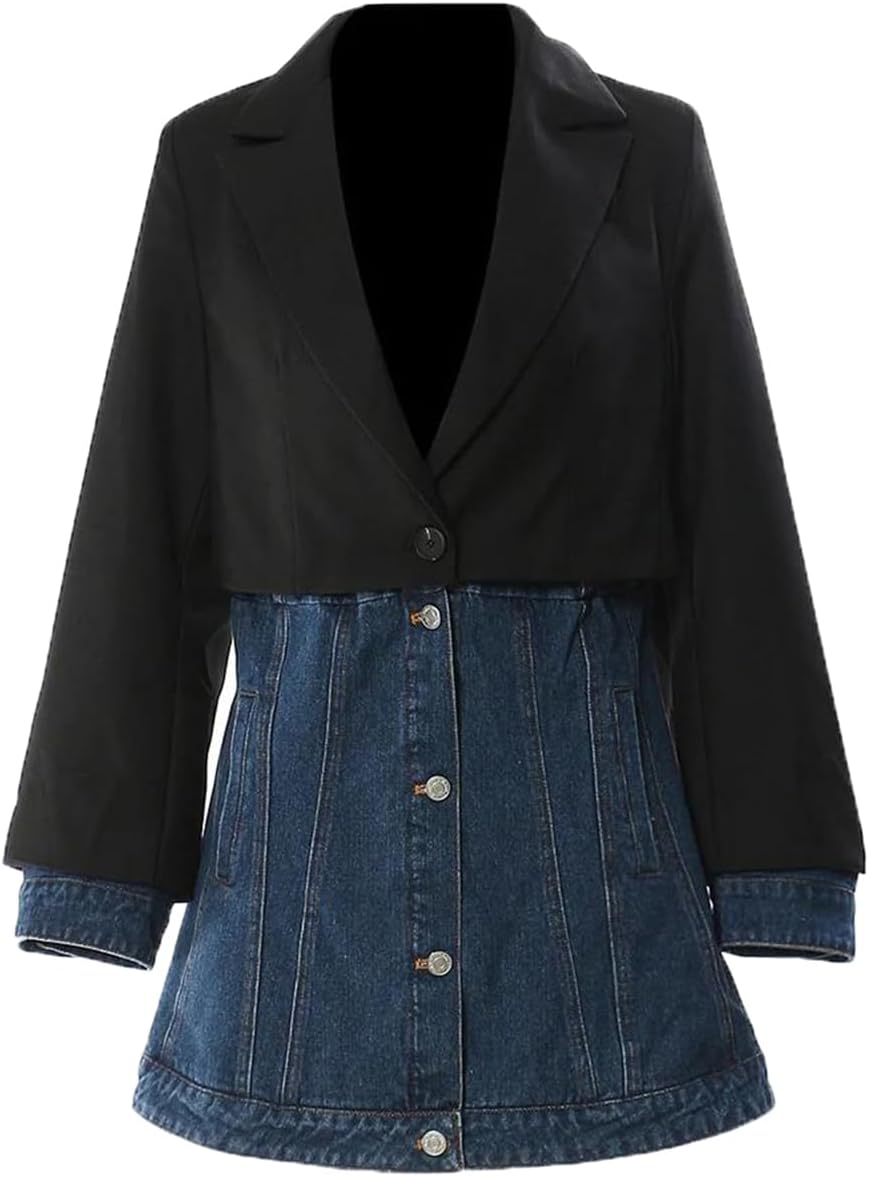 Women Denim Splicing Long Blazer Jacket Lapel Long Sleeve Loose Coat Spring Fall