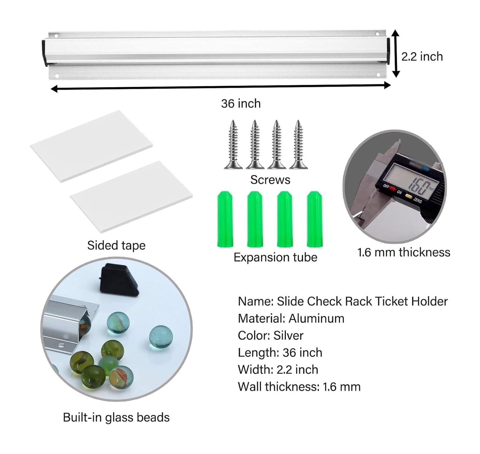 Soporte de pared para recibos, Riel for tickets for cocina y restaurante, autoadhesivo, de aluminio plateado, 36 pulgadas, paquete 1-4(4 pack) | 4 piezas