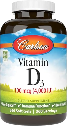Carlson - Vitamina D3 4000 UI (100 mcg), apoyo inmunológico, salud ósea, salud muscular, colecalciferol, suplementos de vitamina D, geles blandos de