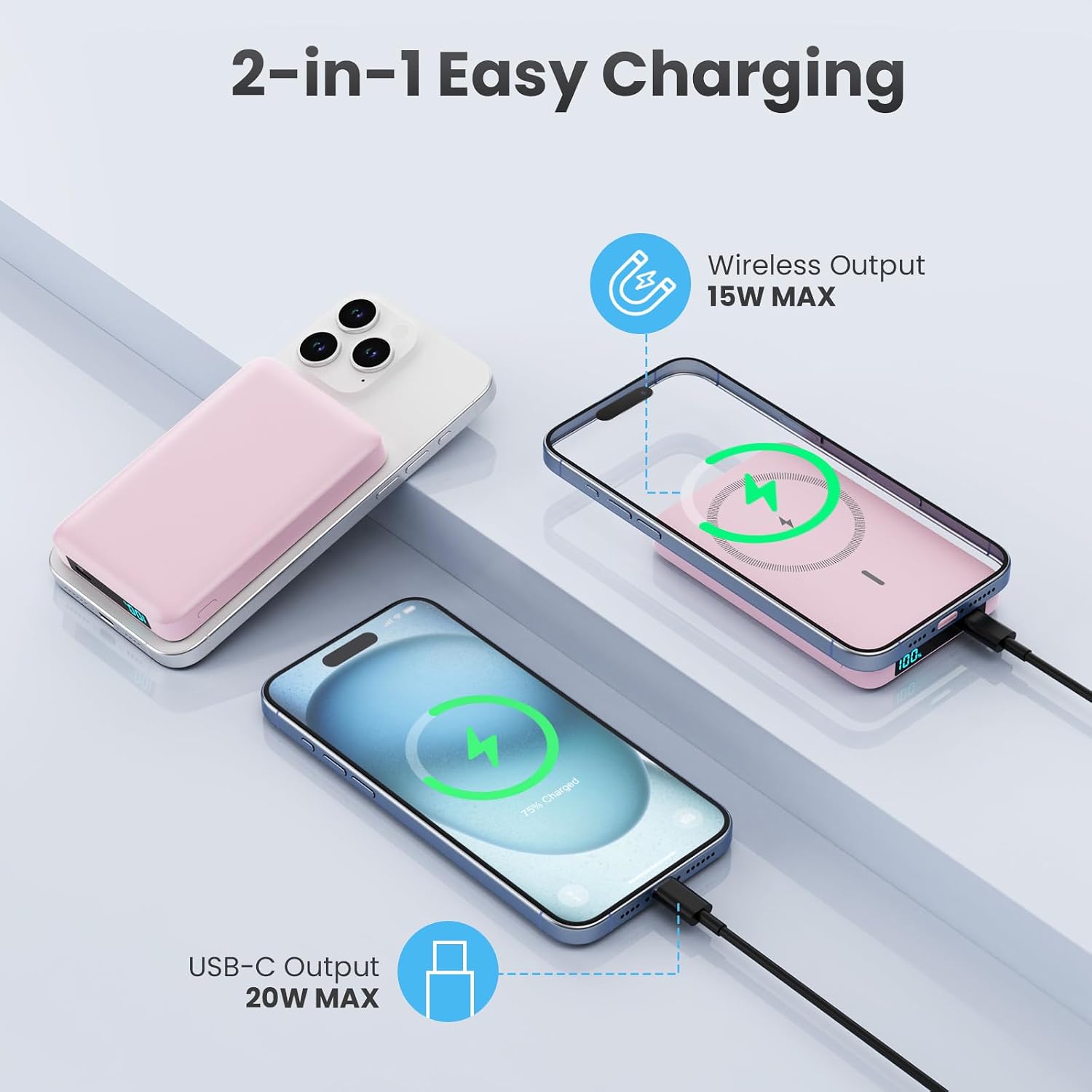 Magnetic Portable Charger 10800mah for Magsafe Battery Pack, Wireless Power Bank with USB C in&out PD Fast Charging,Travel Essential Phone Battery Charger For iPhone 17/16/15/14/13/12 Series-Pink