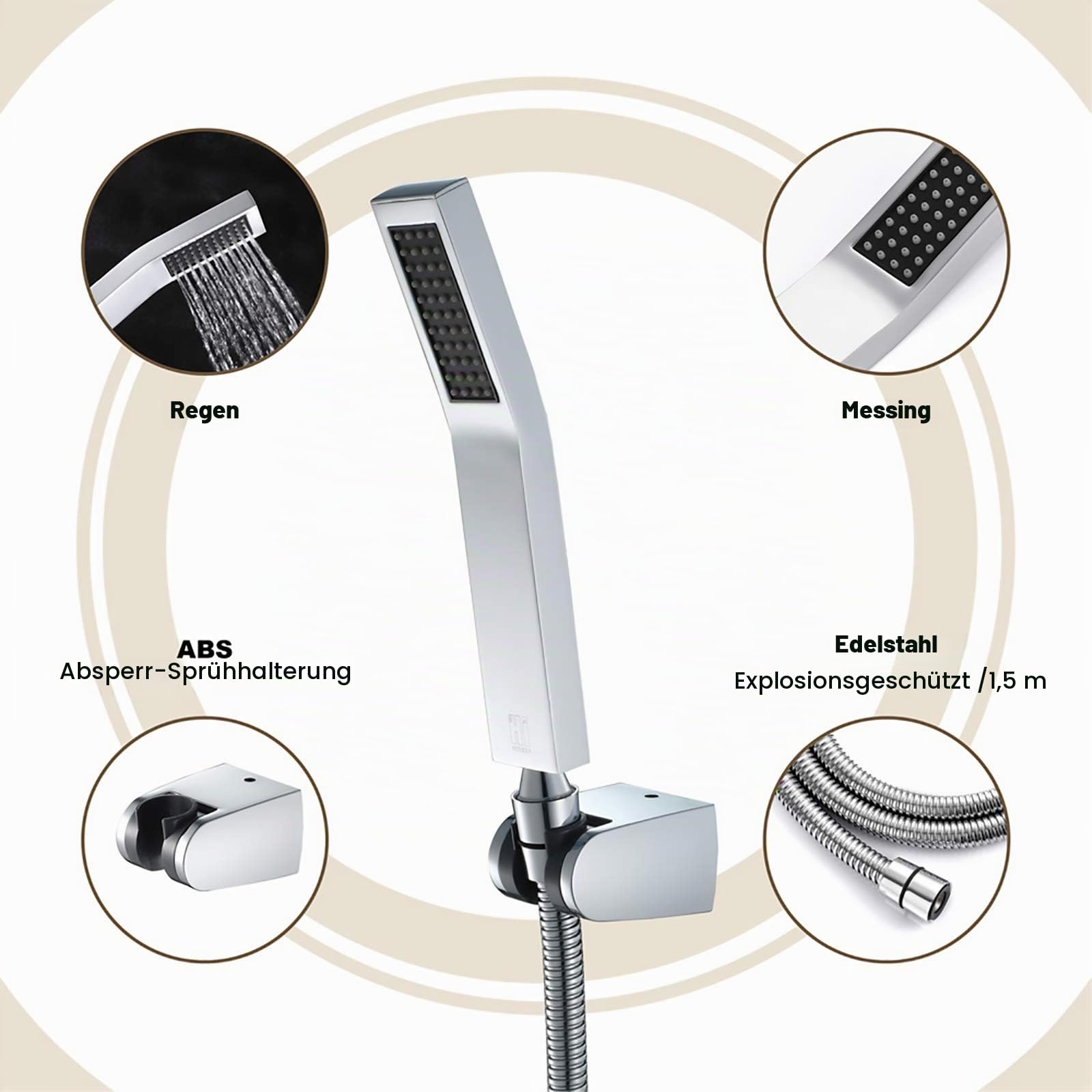 Handbrause mit Schlauch und Halterung Duschbrause Messing Chrome Handbrause Set Wassersparend Brausekopf Anti-Kalk Duschkopf Regendusche