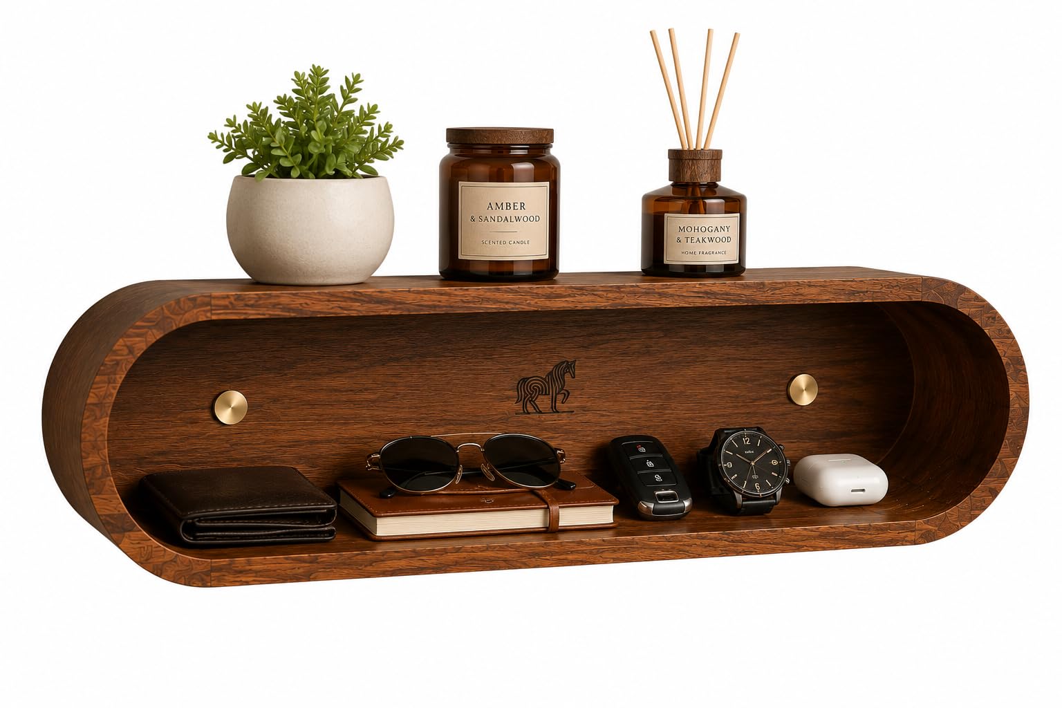 Solid Teak Wood Floating Wall Shelf | Hand-Finished | 24×7×6 Inch | 25mm Golden Brass Caps | Wall Shelf for Bedroom Living Room Entryway | Wooden Shelf for Home Decor | Gift-image-29