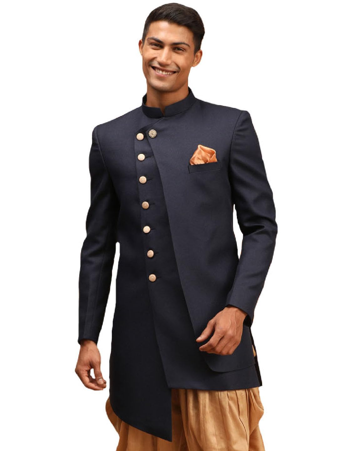 Men's Navy Blue Cotton Blend Sherwani Only Top | Trend setting Men's Indowestern Style Asymmetric Sherwani made of imported suiting fabric with double flap And Golden Buttons.-image-37
