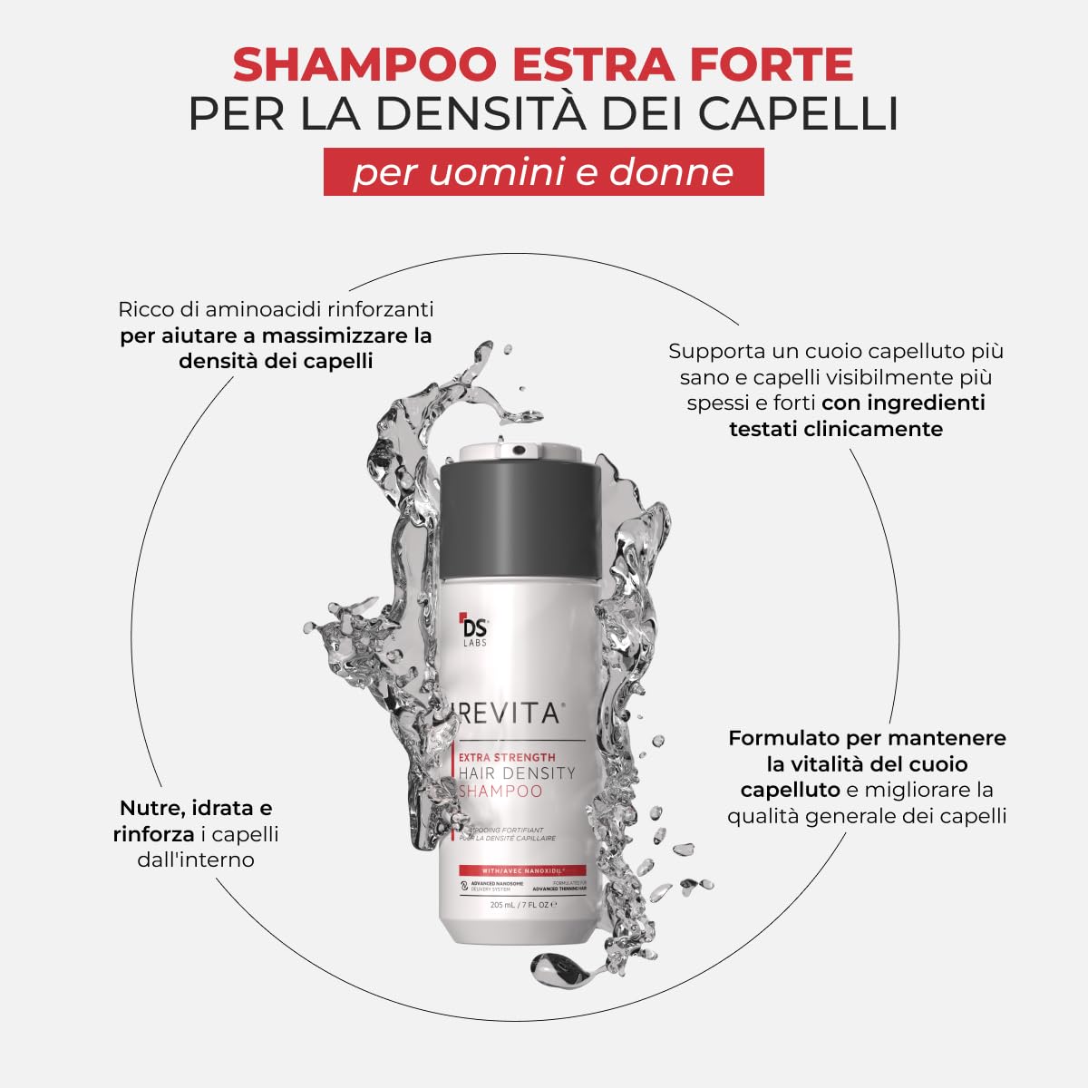 DS Labs Revita Shampooing extra fort – Shampooing haute performance pour densité des cheveux, volume, sans sulfate et sans silicone