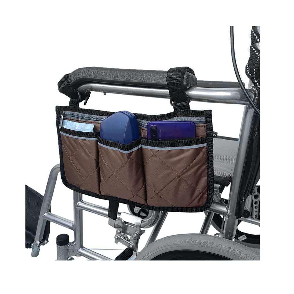 Namvo Brown Wheelchair Bag With Pockets - Universal Waterproof Armrest Side Bag For Electric Wheelchair, Mobility Scooter, Walking Frame, Accessories