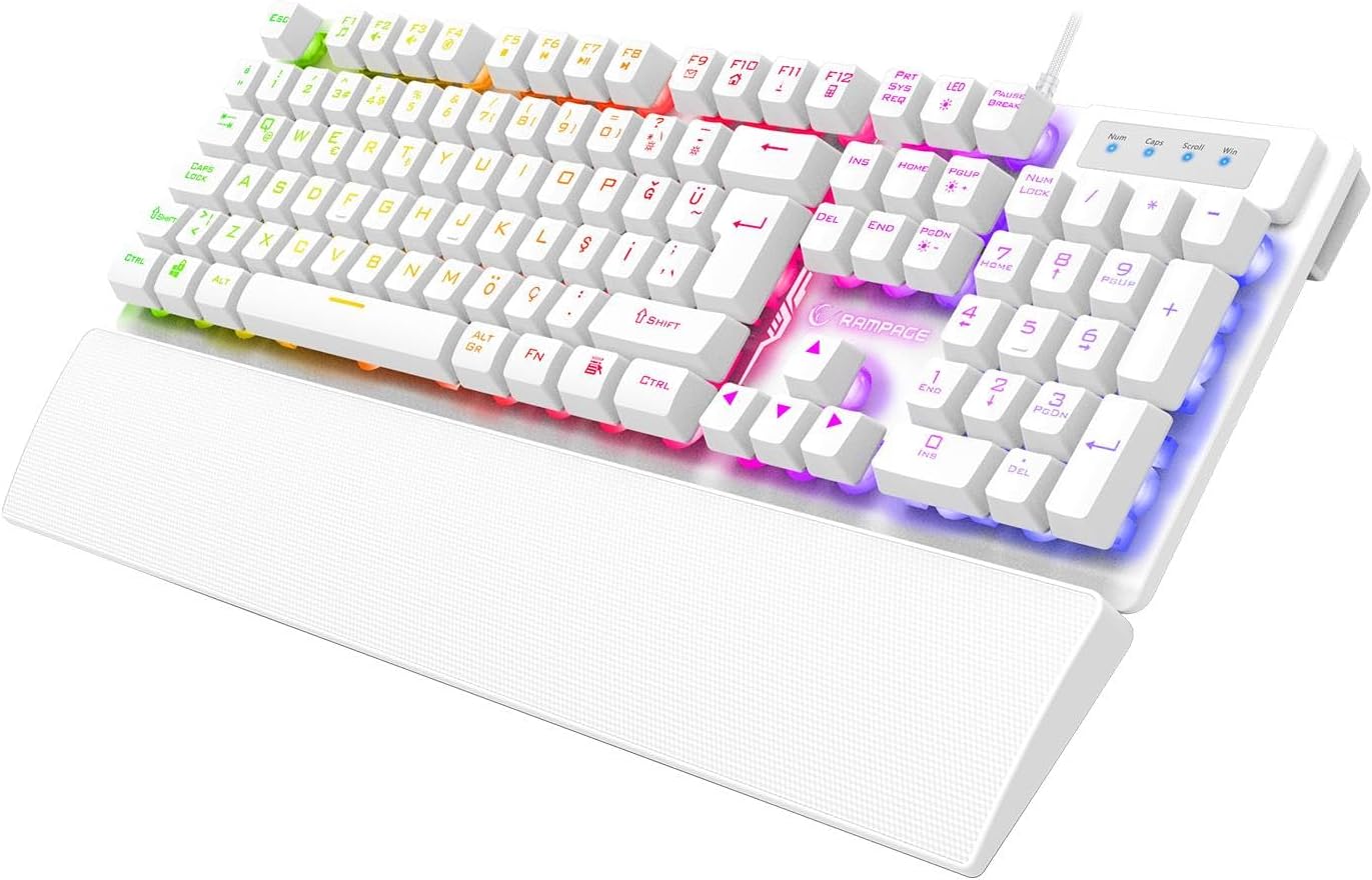 Rampage Runner KB-RX77 Gaming Keyboard with attached wrist rest, angled view