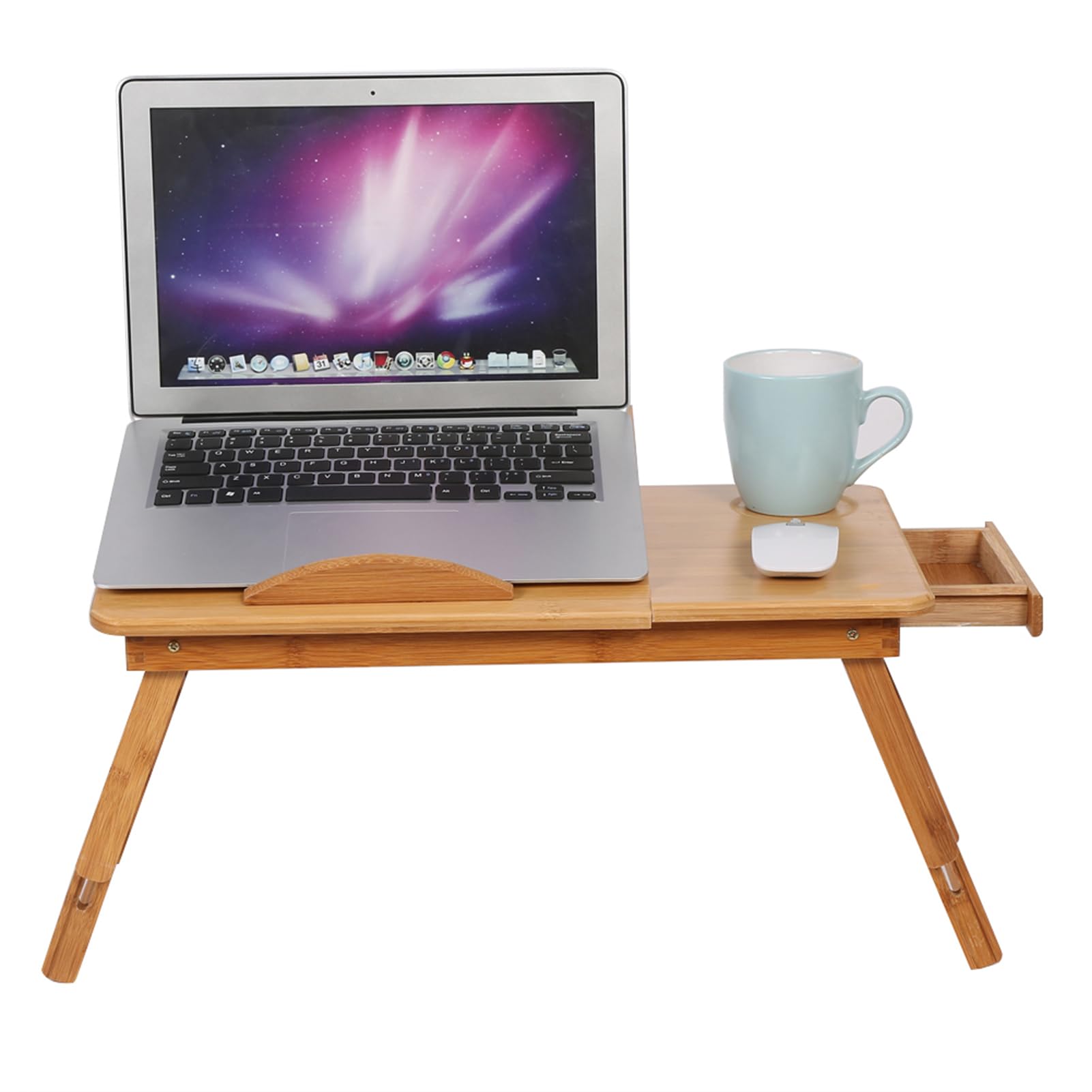 Tablette Bambou Pliante Portable Réglable avec Tiroir pour Laptop, Plateau Ajustable avec Déflecteur Antidérapant et Pieds Rétractables pour Utilisation sur Lit et Canapé