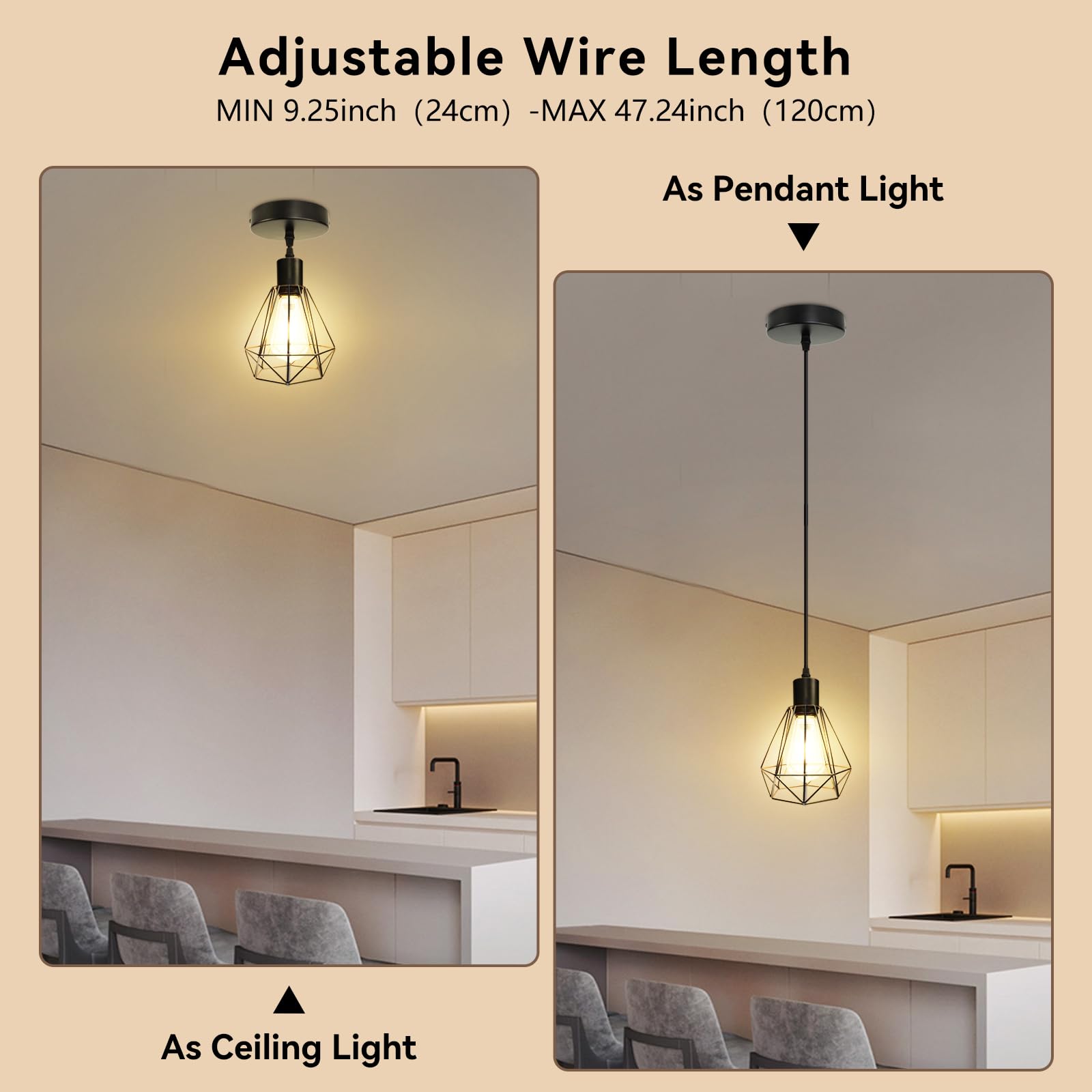 HiBay 2 Packs Pendant Light Height Adjustable, E27 Ceiling Lights Metal Hanging Lights for Kitchen Island Bedroom, Living Room - Image 2