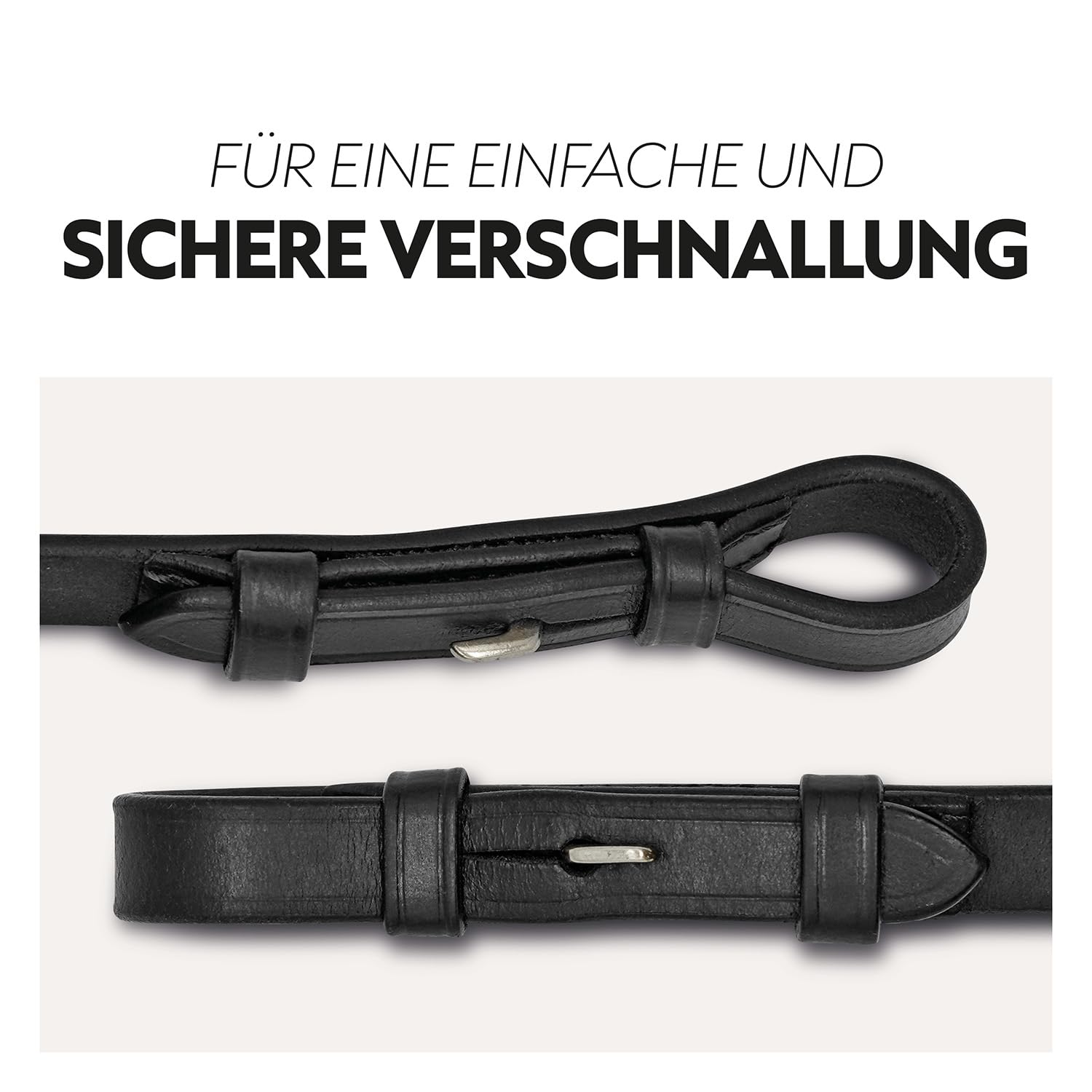 SUNRIDE Sicherheitszügel mit Magnet (NoPanic) für Pferde - Gummizügel - MagneticForce-Sicherheitssystem - mit Stegen - handgefertigt - Echtleder - schwarz (Full)