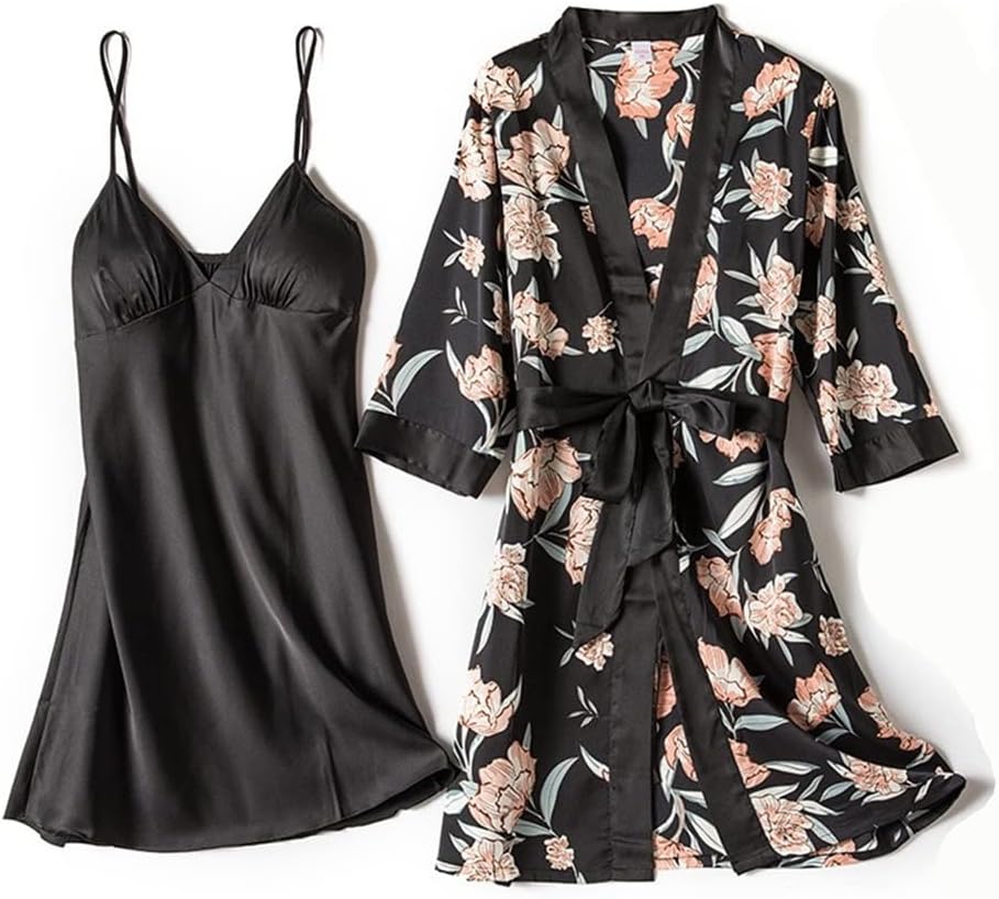 Print Flower Robe Suit 2PCS Sleep Set Women Gown Satin Intimate Lingerie Nighty&Bathrobe Sleepwear Homewear