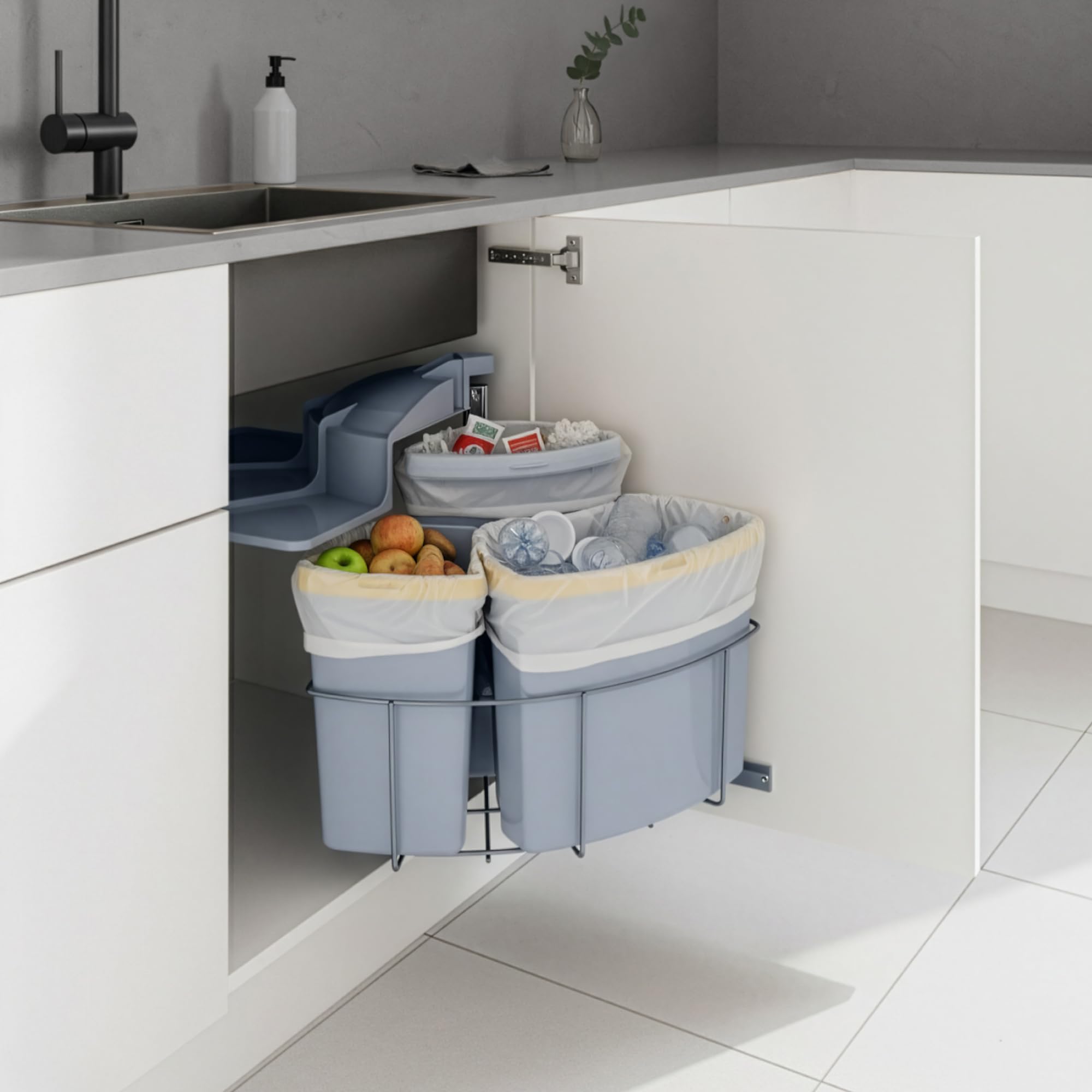 [en.casa] Einbau-Mülleimer Küche Kollby Mülltrennsystem 3fach für Unterschrank 50 cm breit 2 x 12L+1 x 6L Einbaumülleimer schwenkbar mit Deckel Grau