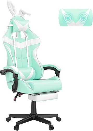 Miniatura 9 de Soontrans Silla de juegos azul claro con reposapiés, bonita silla de videojuegos de conejo, silla de escritorio Kawaii para nieta, hermana, novia,