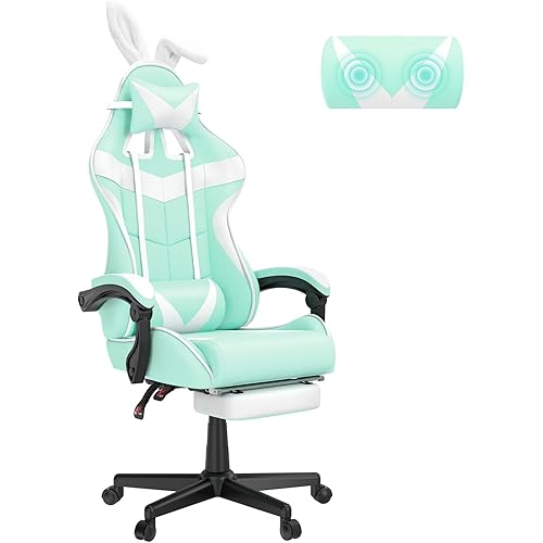 Soontrans Light Green Gaming Chair with Footrest,Lovely Cute Bunny Computer Gamer Chair,Kawaii Desk Chair for Granddaughter,Sister,Girlfriend,Wife and Love