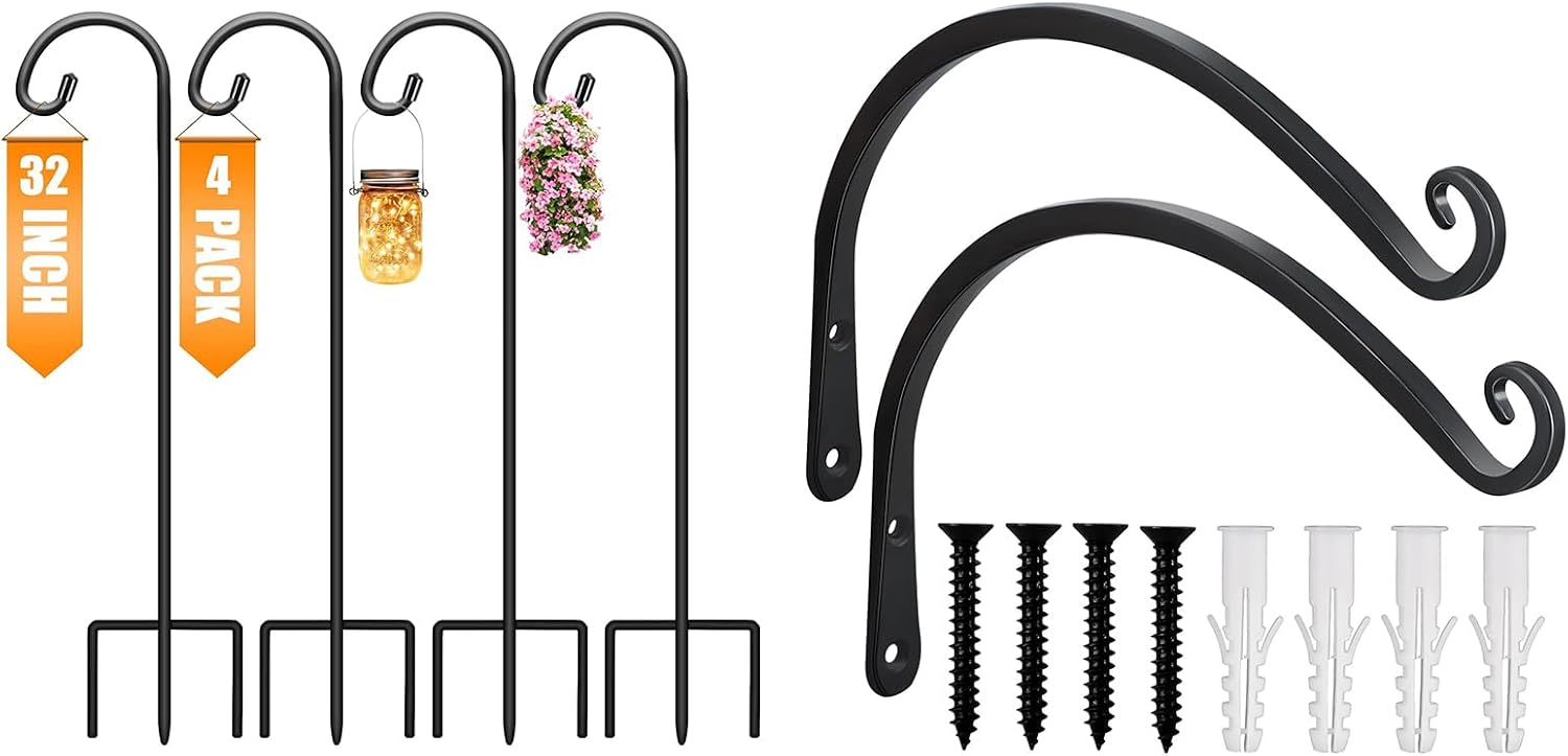 Gtongoko Plant Hangers 12 Inch 2 Pack Bundle Shepherds Hooks 32 Inch 4 Pack