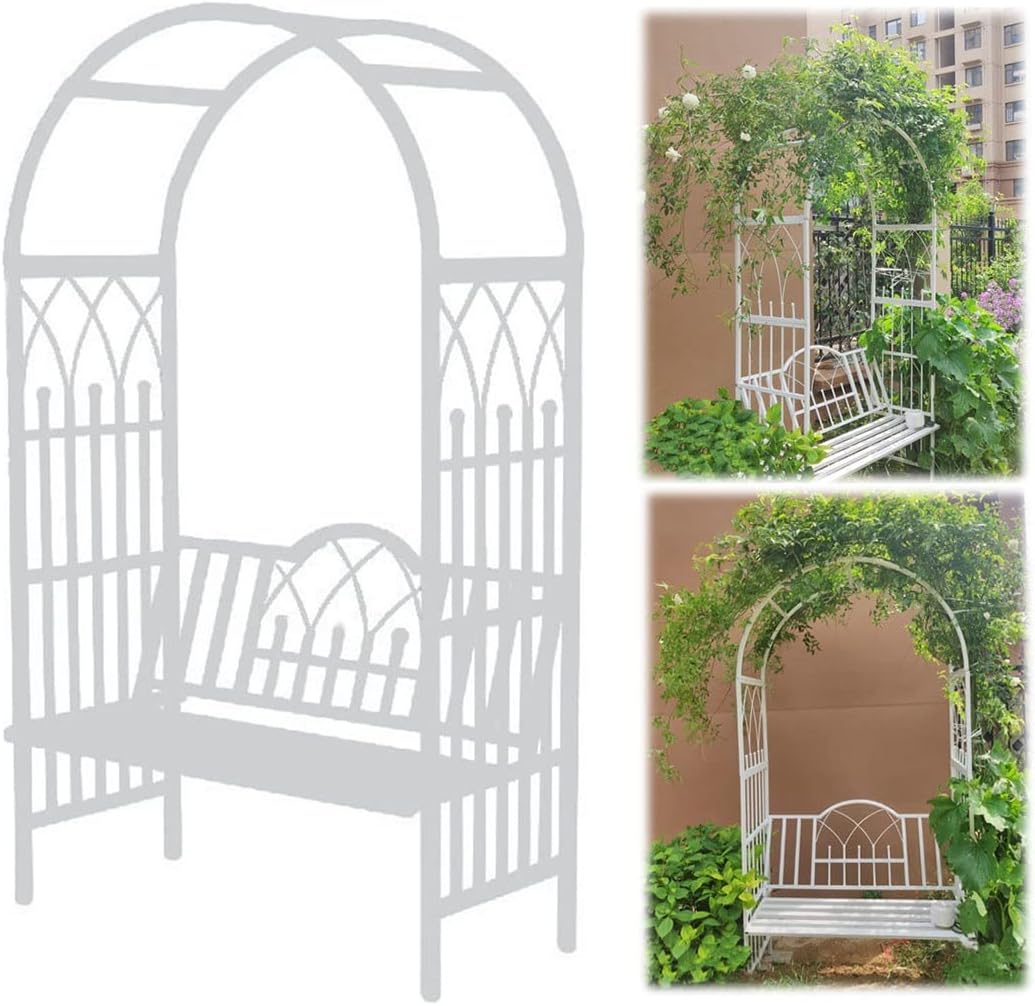 Rose Arch Outdoor Arbor Garden Arch with Seat Bench for 2 People - Black/White Metal Pergola Trellis Arbour Archway Weather Resistant Plant Growing