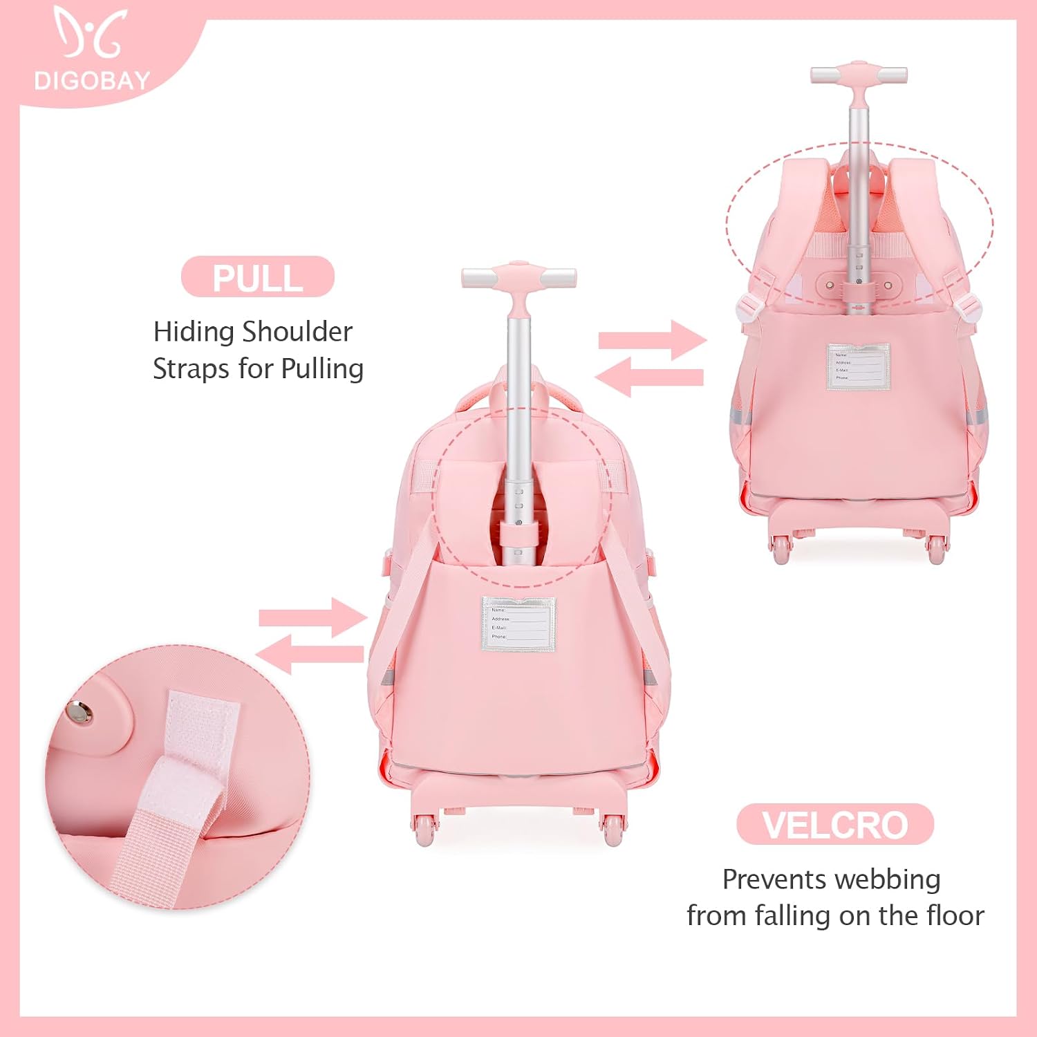DIGOBAY Rolling Backpack for Girls, Girls Roller Backpack with Lunch Bag and Pencil Case, School Bookbag with Wheels for Elementary Middle High School Travel, Pink
