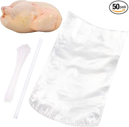 Poultry Shrink Bags,50 Pack 13x18Inches Clear Poultry Heat Shrink Wrap Freezer with 50 Zip Ties,a Silicone Straw for Chickens,Rabbits