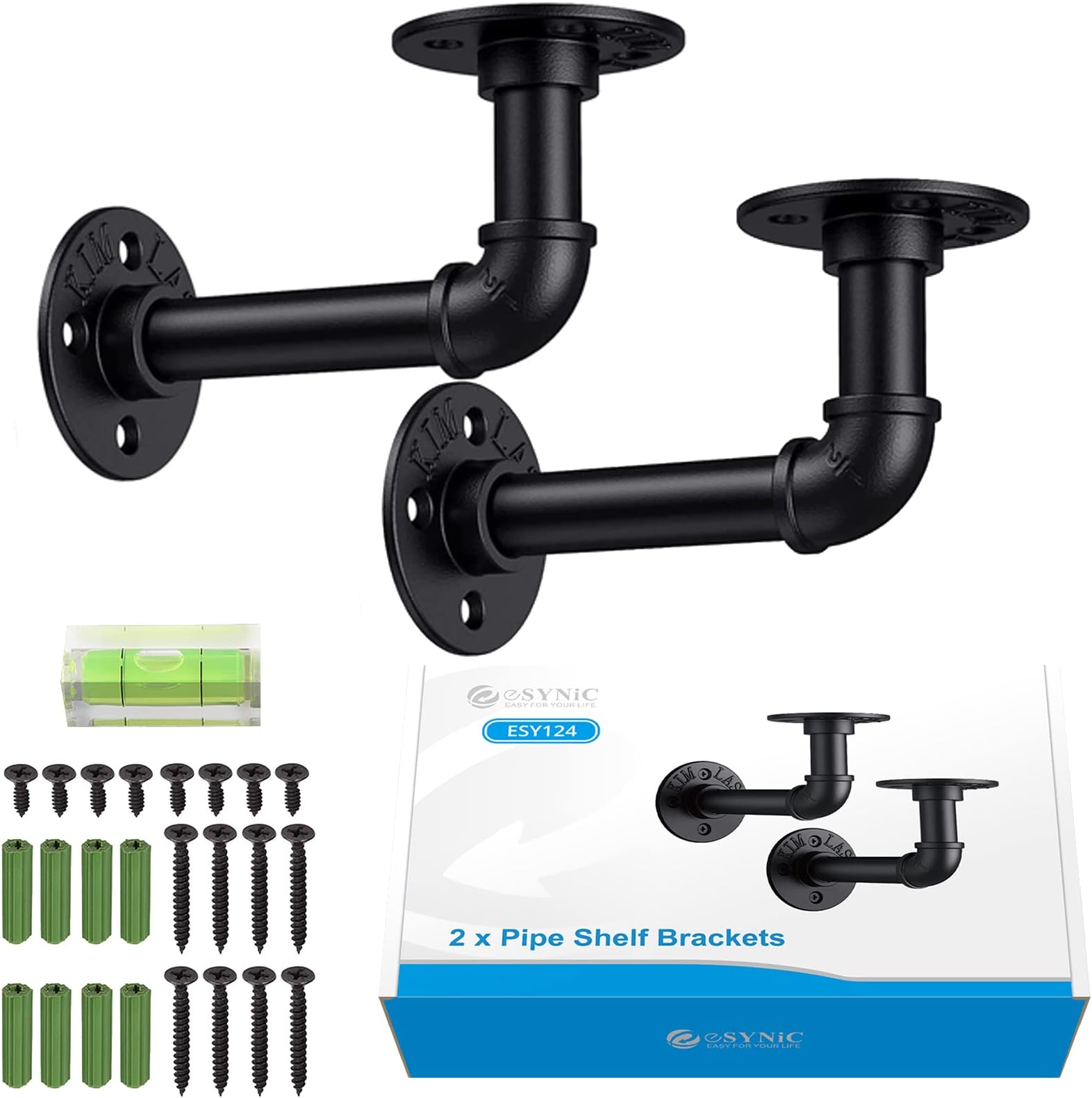 eSynic 2Pcs Pipe Brackets Black Industrial Pipe Shelf Bracket for Shelves Tube Rack Iron 1/2 inch Pipe Floating Shelves for Scaffold Board (15*8cm) with a Spirit Level
