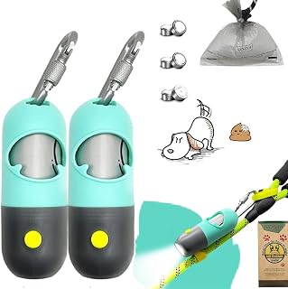 Dog Poop Bag Holder With LED Flashlight | Pet Waste Dispenser for Leash | Doggie Potty Container With Leak-proof Trash Bags and Accessories (2 Holders 30 Bags, Mint Green)