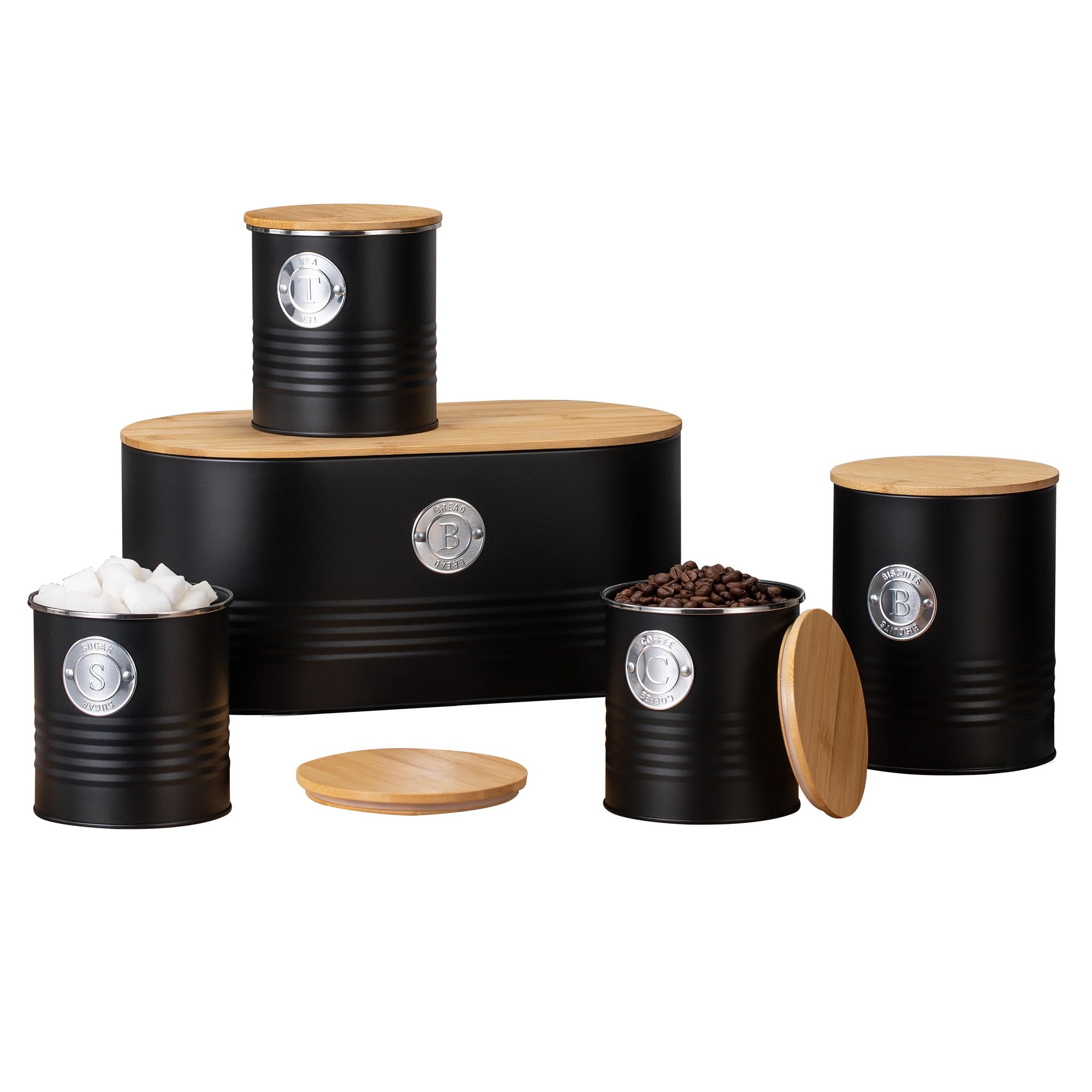 EHC Set of 5 Tea, Sugar, Coffee, Biscuit & Bread Bin Canisters Set With Airtight Lid, Kitchen Storage Jars with Lids, Containers Canisters Jars Set of 5, Black