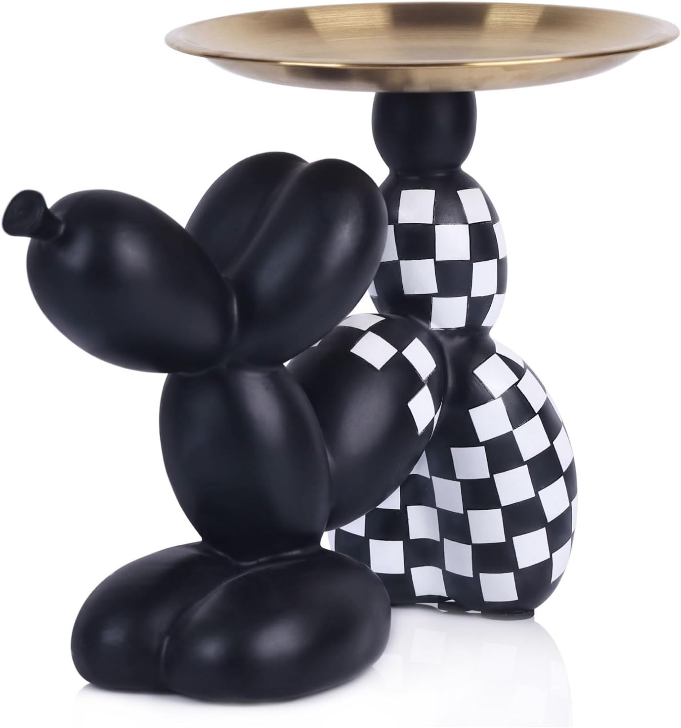 QIANLING Black and White Checkered Balloon Dog Sculpture with Tray, Resin Balloon Dog Decor Tray for Keys, Candy, Jewelry, Fun Desk, Shelf, Living Room, Entryway Home Decor Accent
