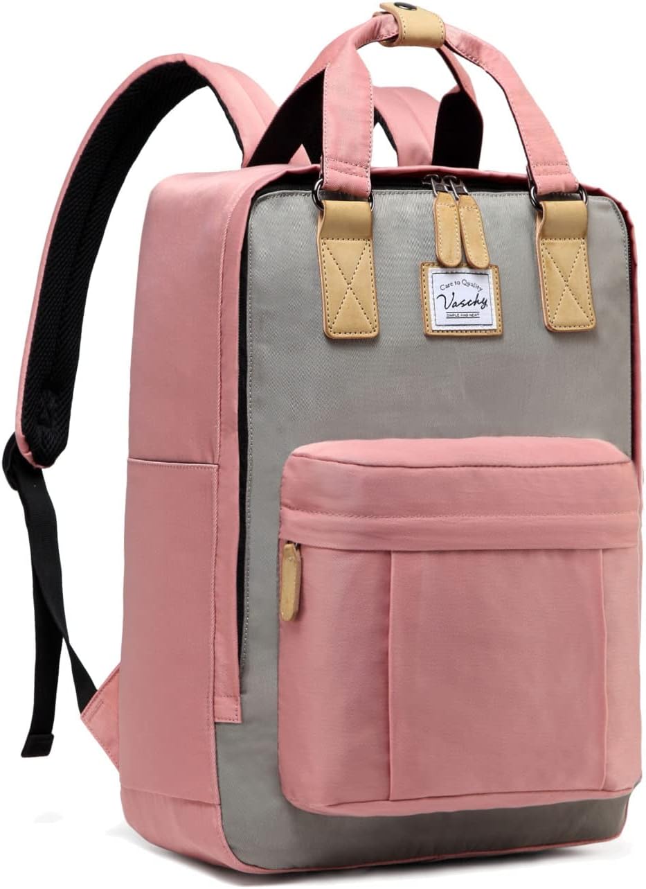 VASCHY School Backpack for Women/Teen Girls, Travel Backpack Water Resistant College High School Computer Bag Student Bookbag, Pink and Gray