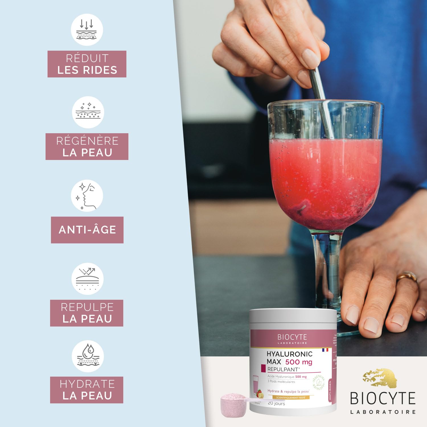 BIOCYTE Hyaluronic Max - Complément Alimentaire Anti-Âge Repulpant - Poudre à Diluer A base d'Acide Hyaluronique - 500 mg - Programme de 20 Jours