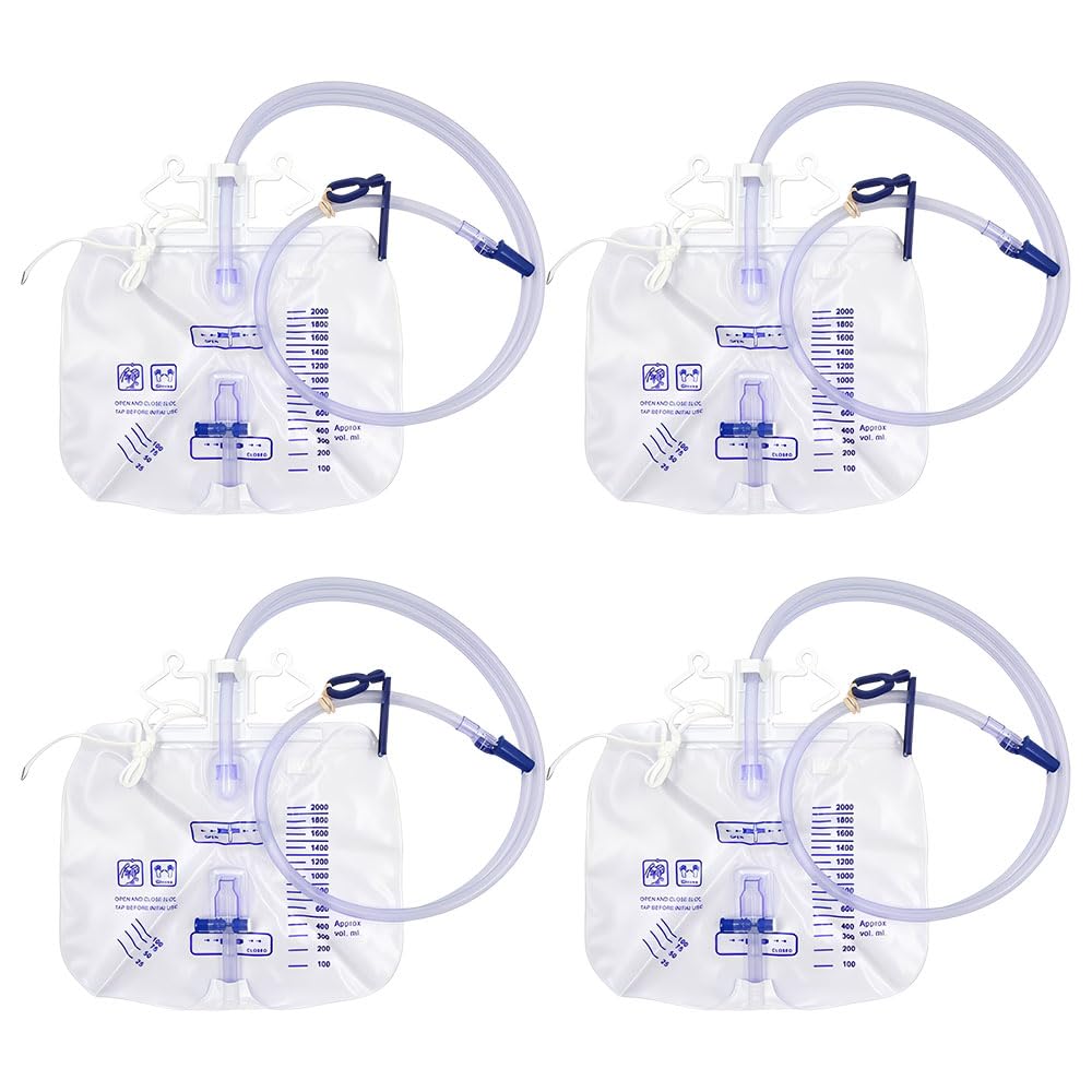 Katheterbeutel, 4 Stück Urindrainagesystem, 2000ML Urinbeutel mit T-Ablass, Anti Reflux Ventil und Schlauch, Urindrainagebeutel, Urinsammelbeutel Drainagebeutel