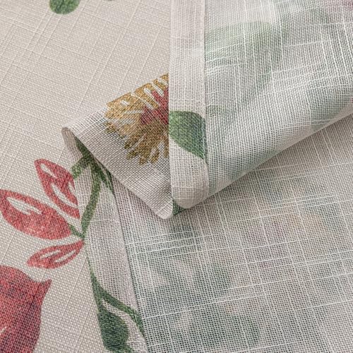 Image of SUOUO Red Jacobean Floral Semi Sheer Curtains 84 Inches 2 Panels Rod Pocket | Linen Textured,Light Filtering,Patterned Green Vine Botanical,Vintage Farmhouse Cottage,Window Drapes for Living Room Bedroom