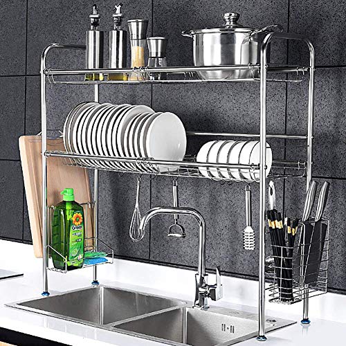 Over Sink Geschirrtrockner 2 Tier, Edelstahl Geschirrablage Regal mit Besteckhalter Geschirrkorb Organizer Küche Silber 73cm (29inch)
