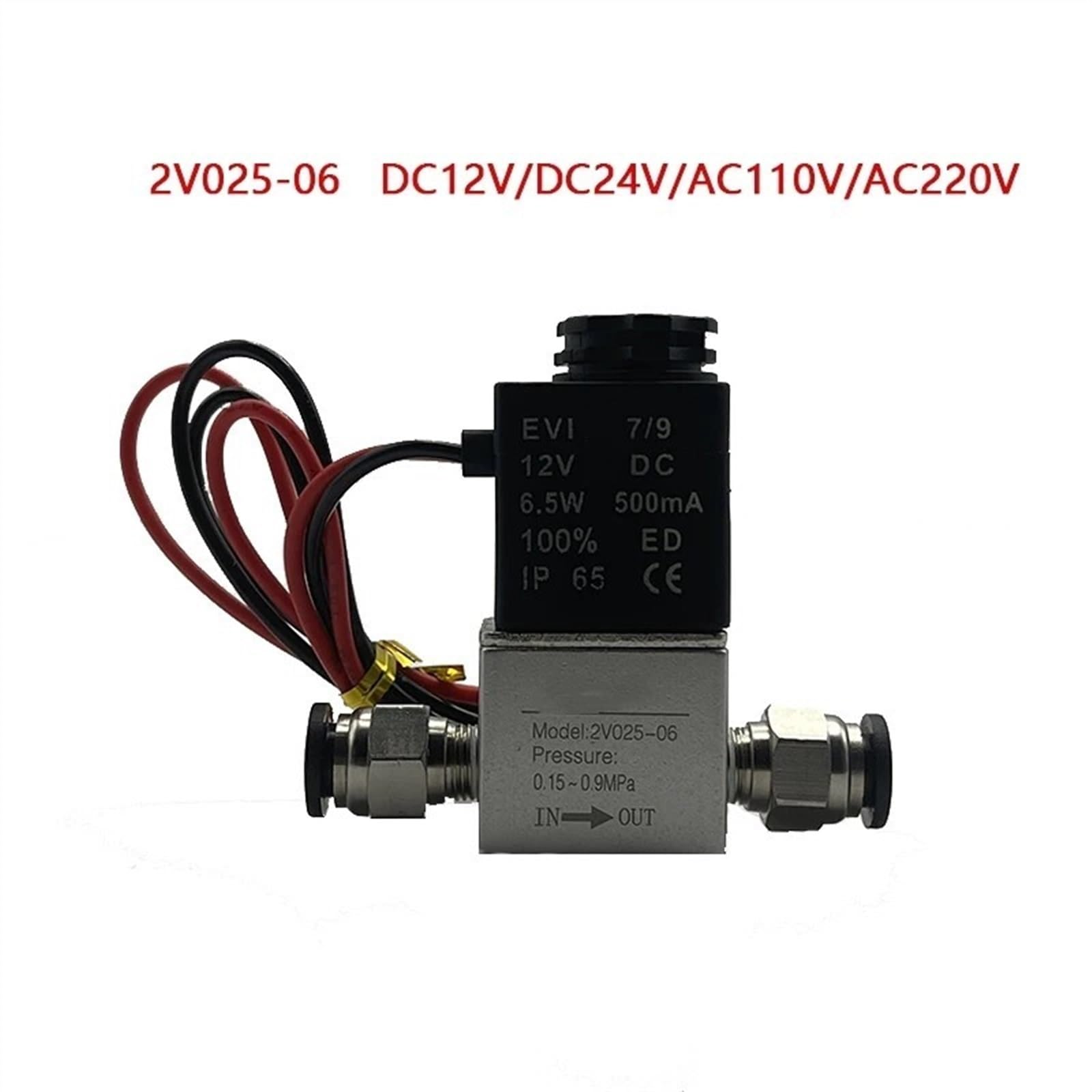 2V025-06 Normalnie zamknięty zawór elektromagnetyczny do powietrza, wody, oleju, cewki, LED, 2 przyłącza, możliwości, 220 V, 12, 24, pneumatyczny (czarny 6 mm - 6 mm, AC220V)