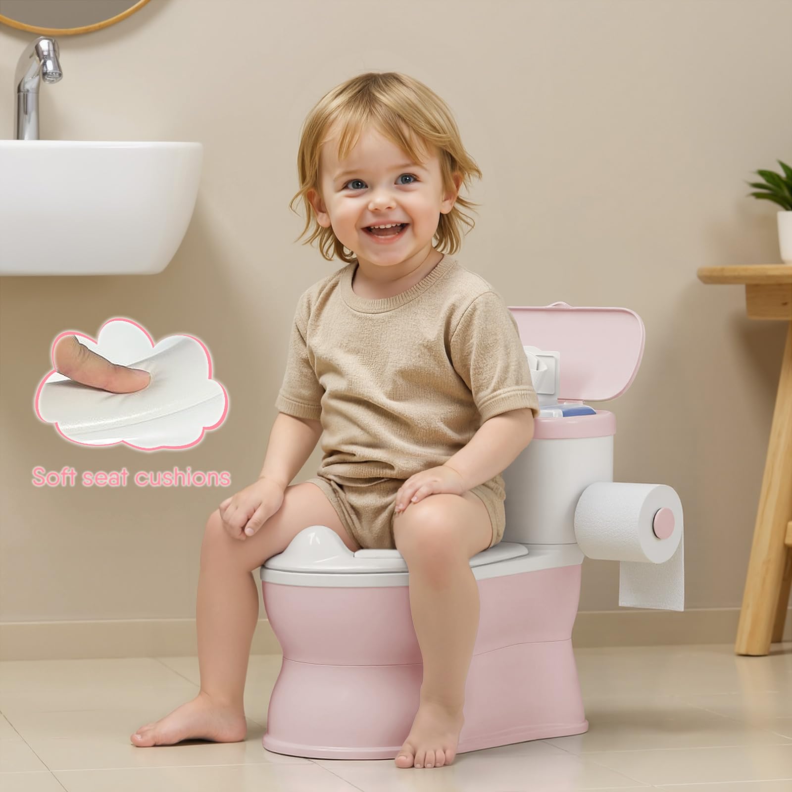 CheerTry 2-in-1 Toddler Potty Training Toilet - with Detachable Training Seat, Realistic Flushing Sound for Boys & Girls Ages 1-3 with Wipes Storage, Toilet Paper Holder - 4
