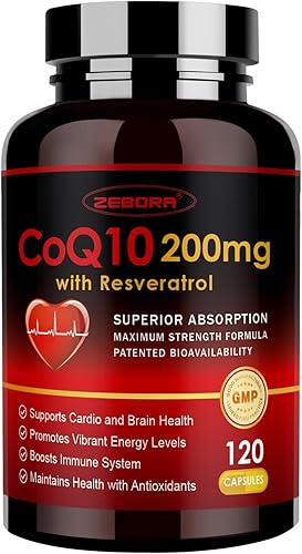 ZEBORA CoQ10-200mg con Trans-Resveratrol, PQQ y Vitamina E - Coenzima Q10 de alta absorción con BioPerine - Potente antioxidante para corazón y
