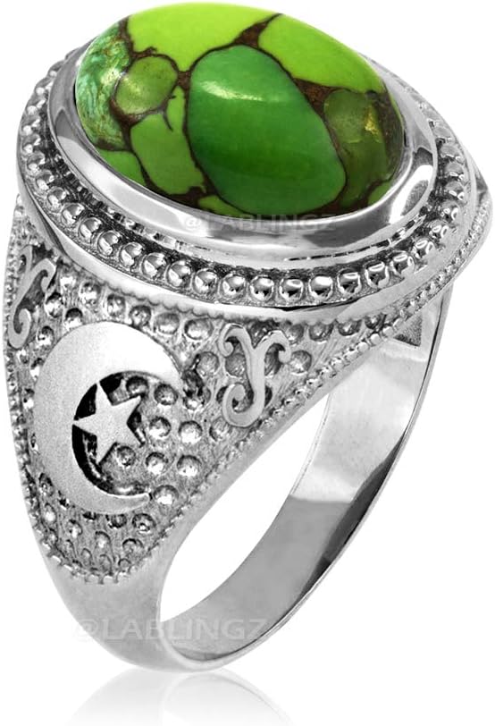 LA BLINGZ Sterling Silver Islamic Crescent Moon Green Copper Turquoise Ring