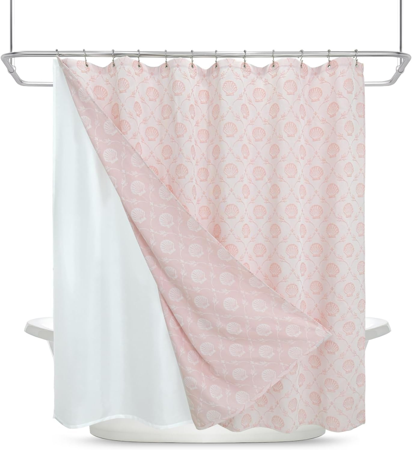 Coastal Loft Series Matelassé Jacquard Shower Curtain, Soft Touch, Metal Hooks, Detachable Liner & Weighted Magnets, Water-Repellent Bath Curtain (Shell Pink, 72" W x 84" L(Pack of 1))