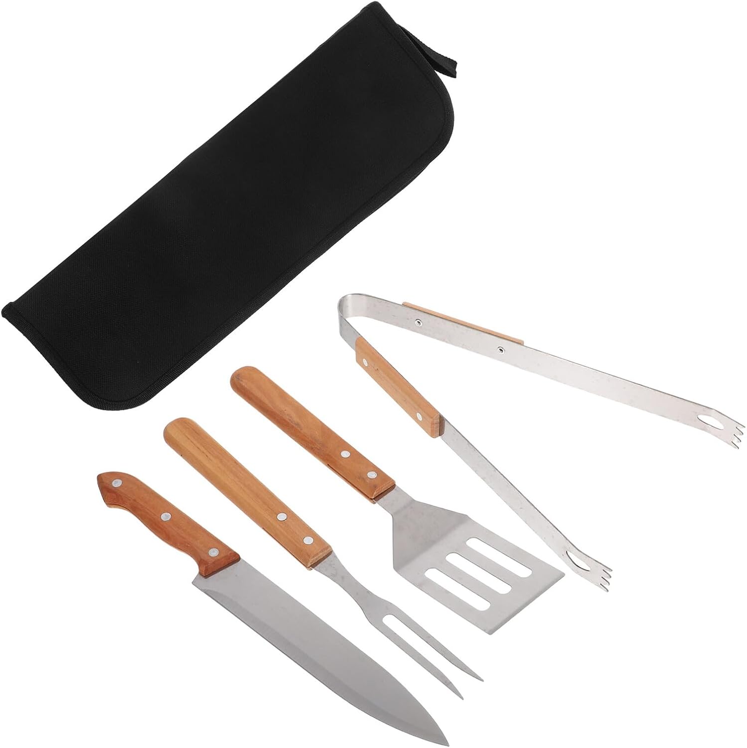 Stainless Steel Outdoor Barbecue Utensil Set with Wood Handles, Portable 4pcs BBQ Grill Tools Kit with Storage Bag for Camping and Backyard Cooking