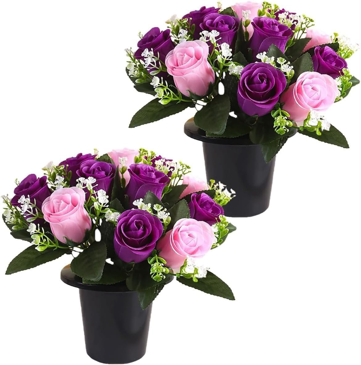 JUTTAUTO 2pcs Artificial Flowers for Grave, 12 Heads Rose Silk Cemetery Flower In Pot, UV-Resistant Faux Memorial Floral,Outdoor Fake Funeral Flower for Graveside Christmas Decoration