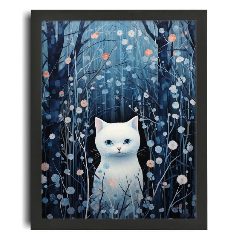 Affiche chat blanc déco salon impression sur toile florale bleue et blanche format A0
