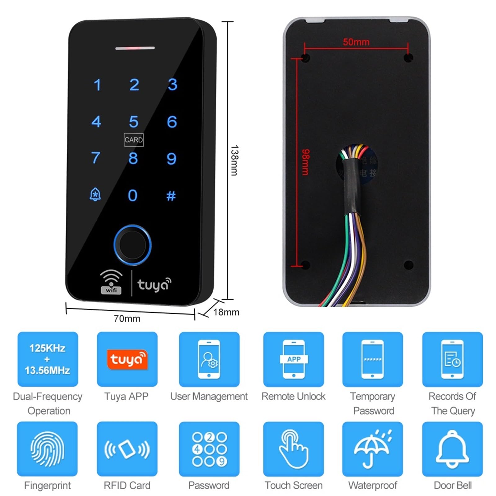 Controlador de acceso huellas dactilares, Bluetooth, Wifi, resistente al agua, teclado RFID, táctil WG26, aplicación remota inteligente, abridor puerta para Seguridad Eléctrica(Keypad Mixed Keys)