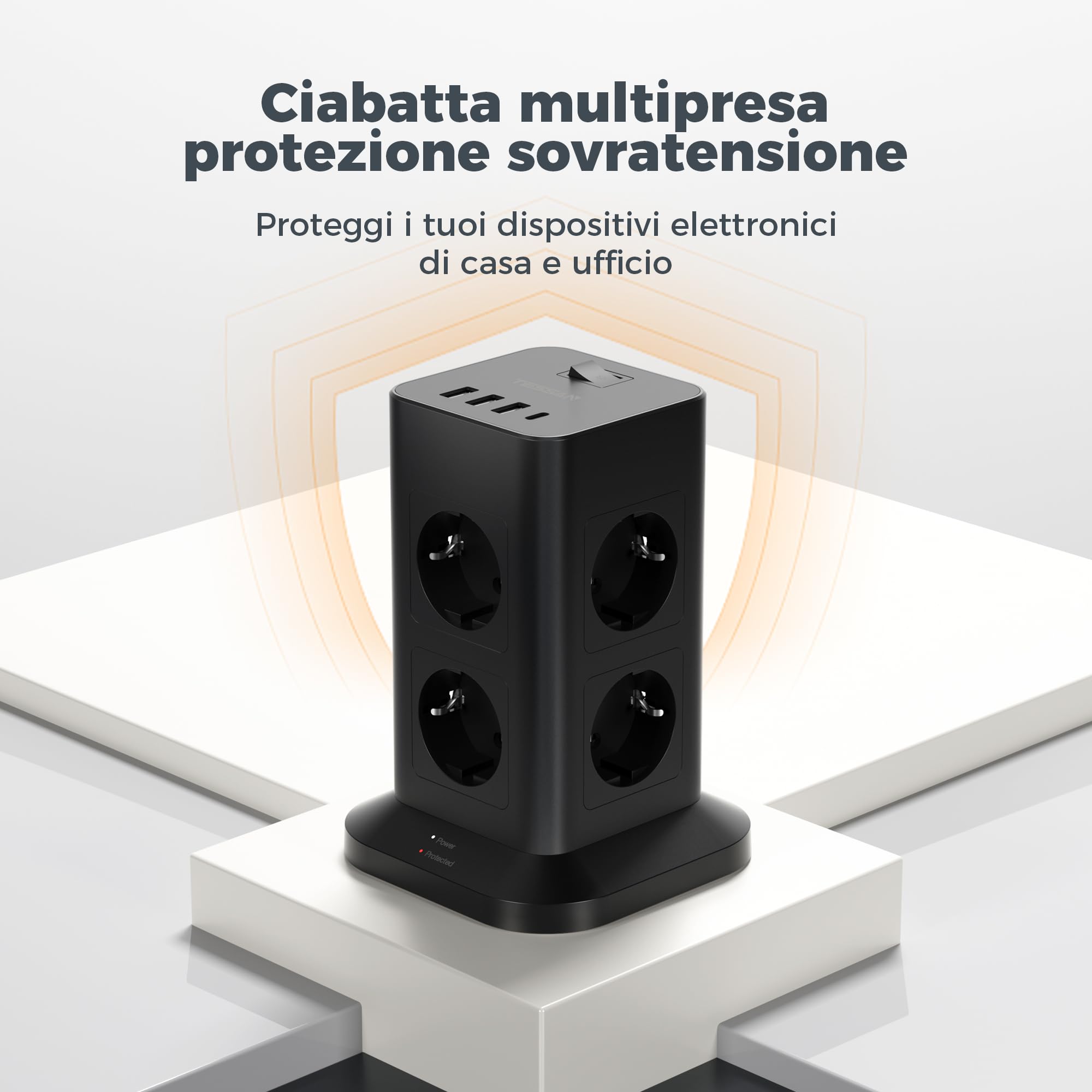 TESSAN Ciabatta Multipresa con 4 USB e 8 Prese, Ciabatta Elettrica Protezione Sovratensione, Torretta Multipresa con Interruttore e Prolunga Elettrica 2 Metri, Nero