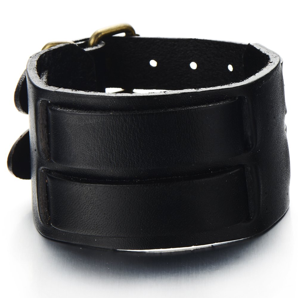 COOLSTEELANDBEYOND Negro Pulsera Cuero Ancha, Pulsera de Hombre, Cuero Genuino Negro, con Dos Hebillas