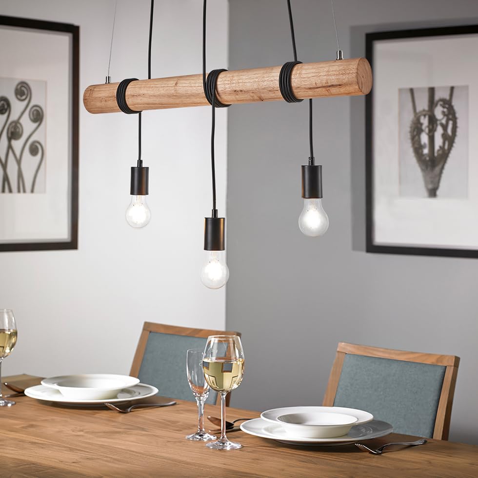 MeLiTec Holz Pendelleuchte DP25 3-flammig mit LED-Leuchtmittel Höhenverstellbar Schwarz E27 70 cm