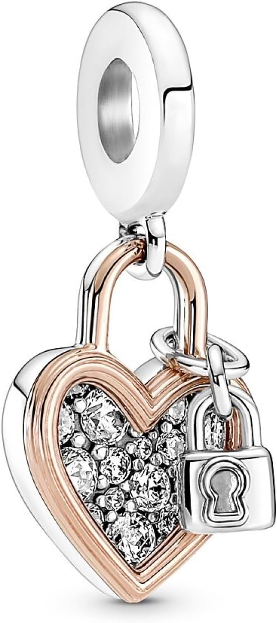 PANDORA Heart Padlock Double Dangle Charm Bracelet Charm Moments Bracelets - Stunning Women's Jewelry - Made Rose, Sterling Silver & Cubic Zirconia