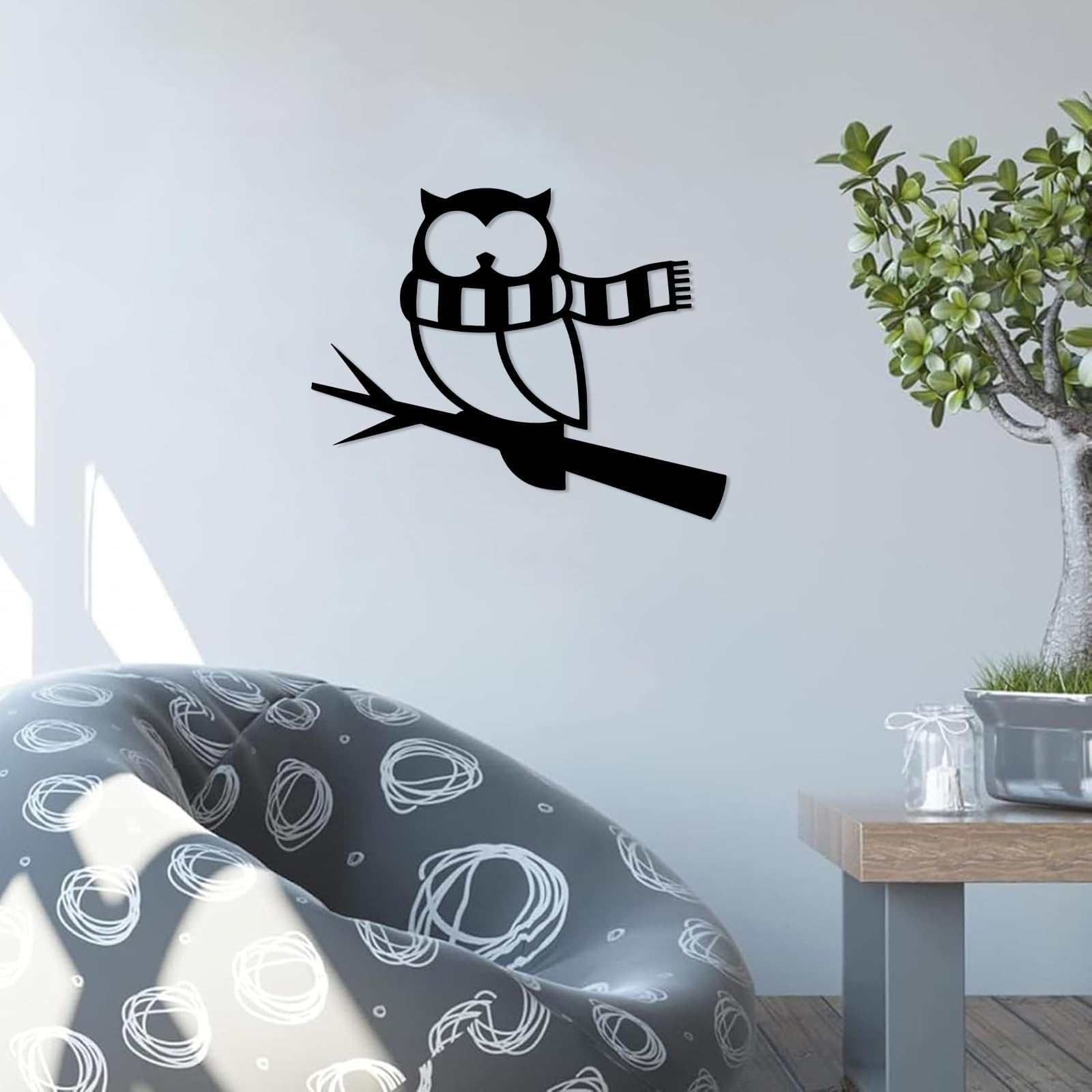 Metalowa sztuka ścienna do salonu, rzeźba gospodarstwa domowego układ sceny (61 cm) | Sowa nosząca szalik metalowy sztuka ścienna dekoracja ścienna metalowa dekoracja zewnętrzna