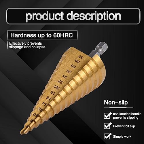 Miniatura 4 de KATUR Broca escalonada de titanio grande HSS - Juego de brocas de cono escalonado, vástago hexagonal, borde estriado, 15 tamaños 0.157-1.260 in