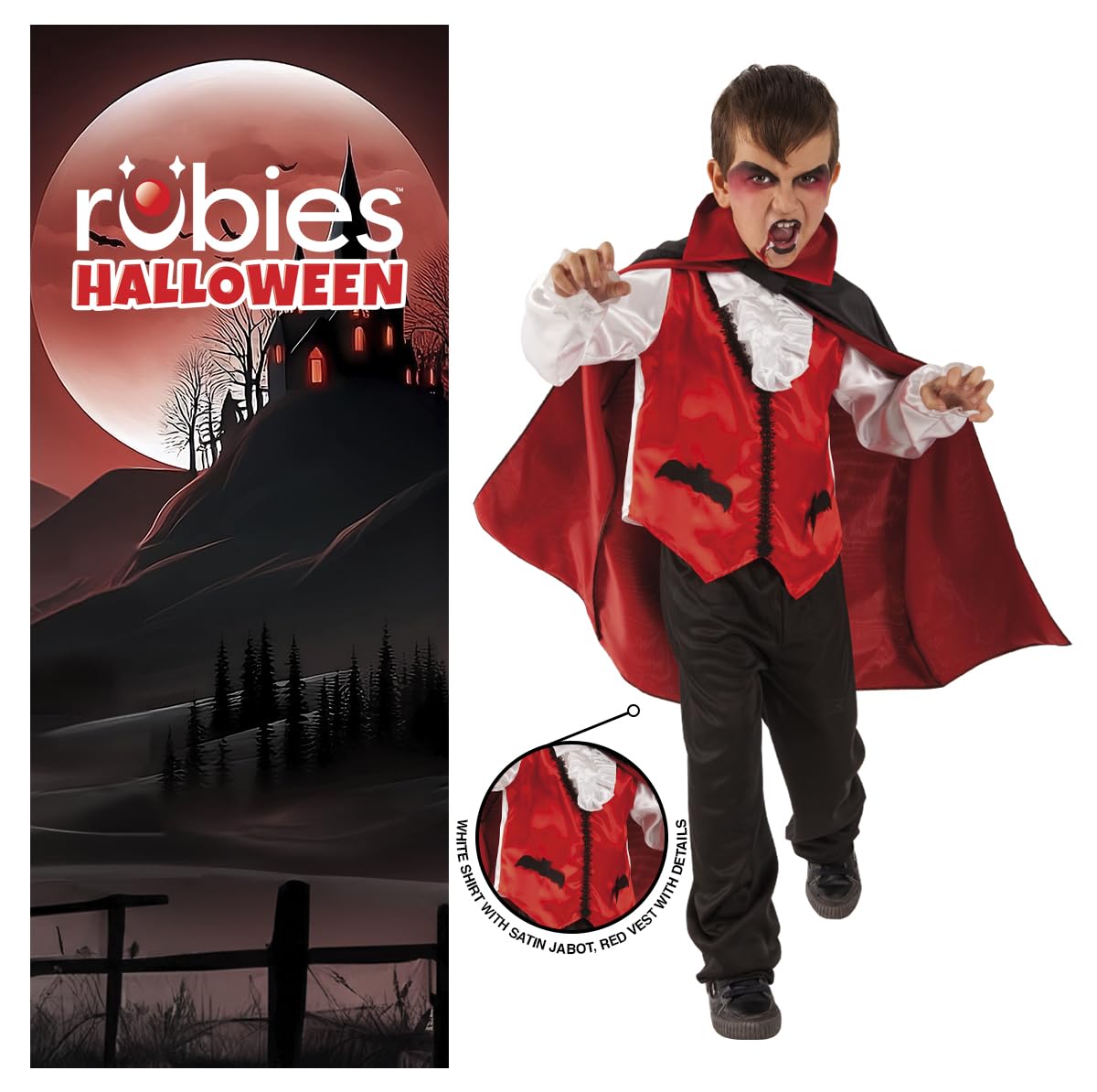 Rubies Costume del Conte Dracula per bambino, Abito con camicia bianca, gilet, mantello e pantaloni, Rubies ufficiale per Halloween, carnevale e compleanno