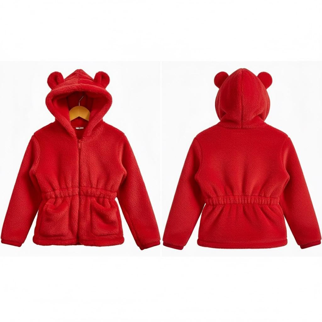 Schsteindar Kids Fleece Hoodie Jacket with Bear Ears,Soft Plush Material, Zip-Up Front, Elastic Waist Design for Baby Boys Girls (IN, Age, 3 Years, 4 Years, Regular, Red)