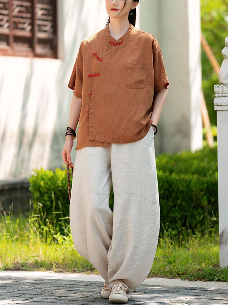 Camicia cinese da donna con colletto alto, bottoni a rana, maniche corte, camicetta zen con tasca